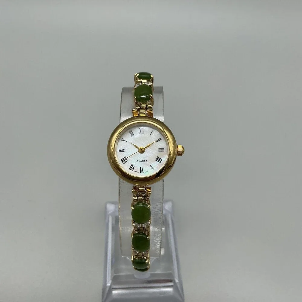 HMI Womens Watch 22mm MOP Gold Tone Green Stone Bracelet New Battery 7.25